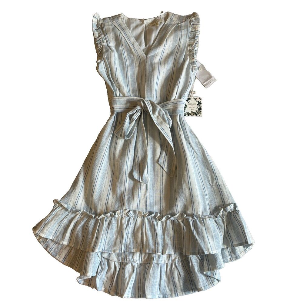 Chelsea & Violet Hi Low Dress Girls S Blue White Striped Ruffled Sleeveless Tie